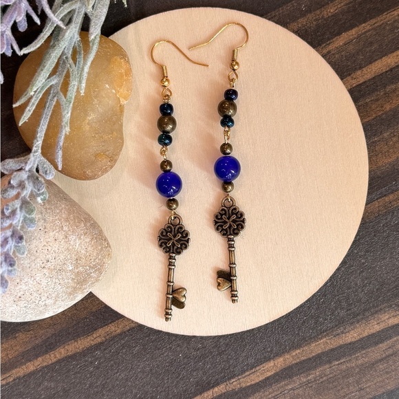 Antique Key Dangle Earrings with Blue Beads - Picture 2 of 3